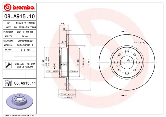 Stabdžių diskas BREMBO 08.A915.11
