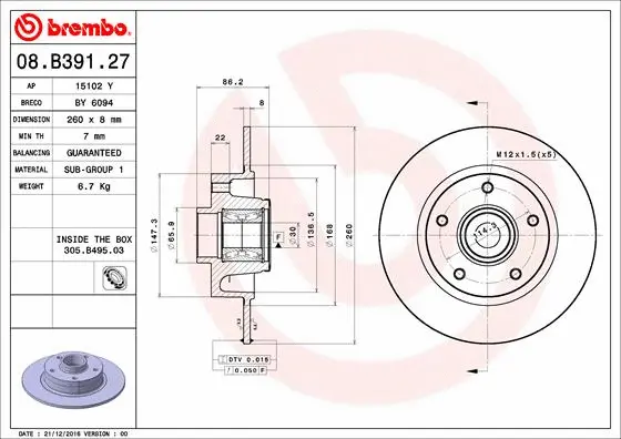 Stabdžių diskas BREMBO 08.B391.27