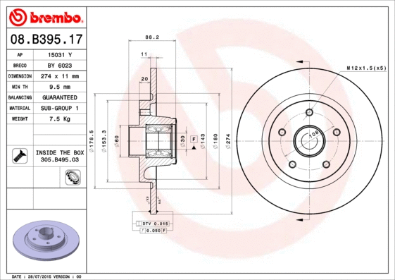 Stabdžių diskas BREMBO 08.B395.17