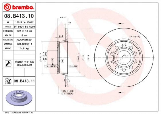 Stabdžių diskas BREMBO 08.B413.11