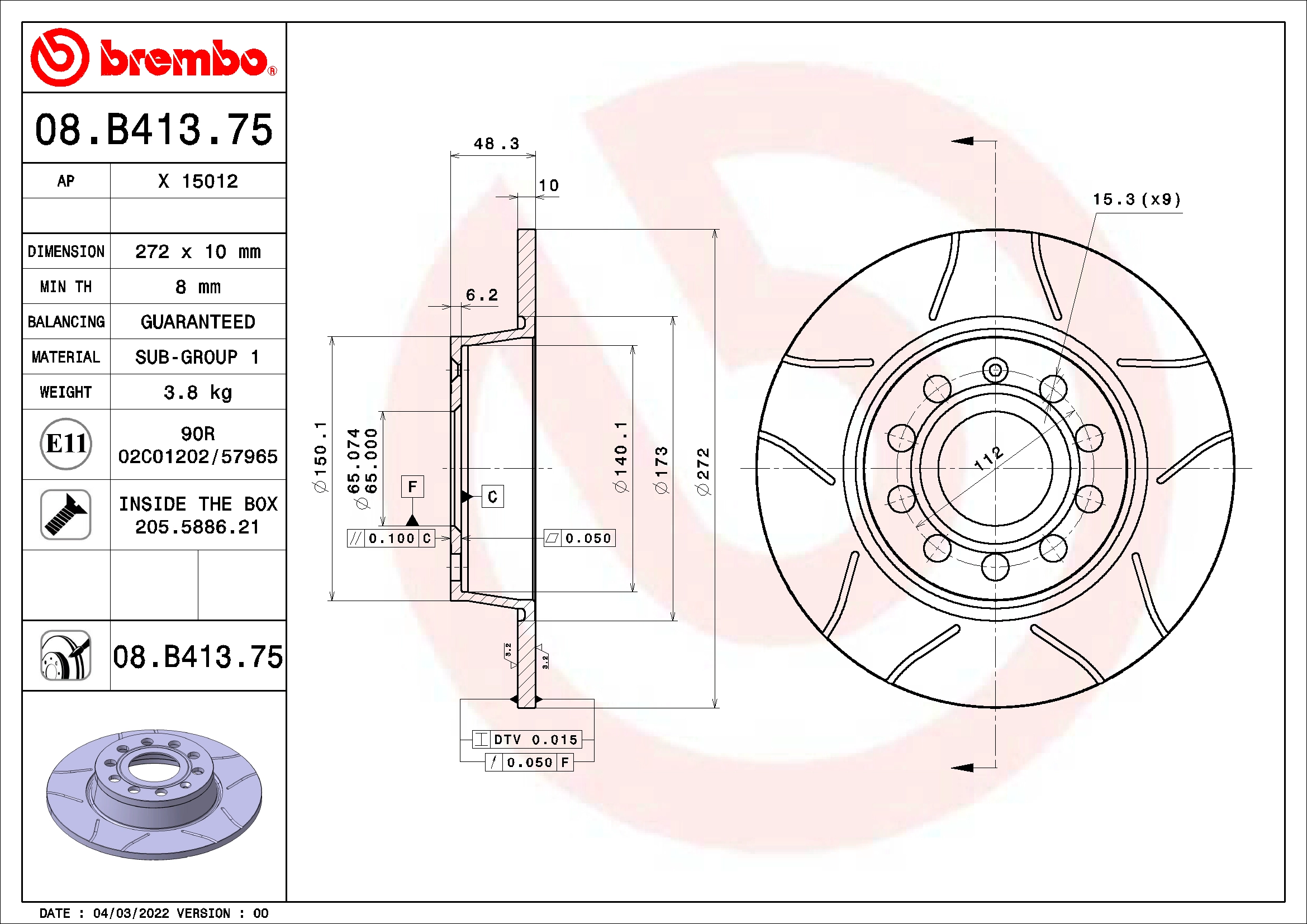 Stabdžių diskas BREMBO 08.B413.75