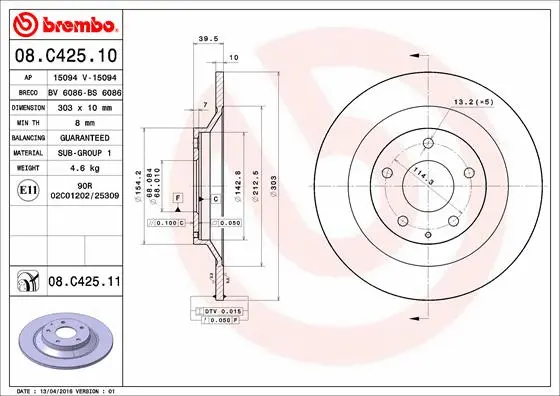 Stabdžių diskas BREMBO 08.C425.11