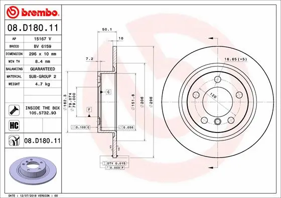 Stabdžių diskas BREMBO 08.D180.11