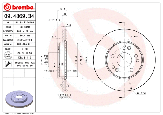 Stabdžių diskas BREMBO 09.4869.34