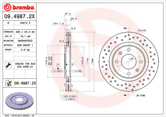 Stabdžių diskas BREMBO 09.4987.2X