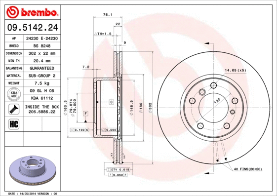 Stabdžių diskas BREMBO 09.5142.24