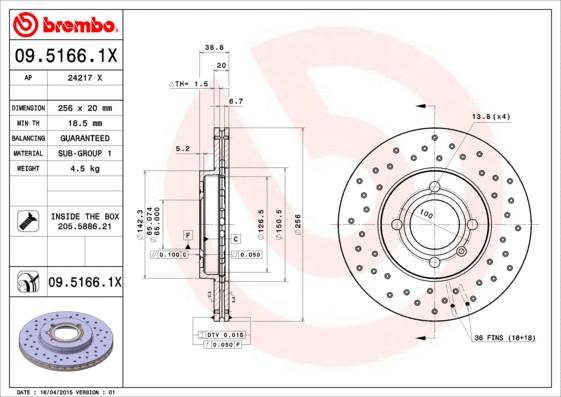 Stabdžių diskas BREMBO 09.5166.1X