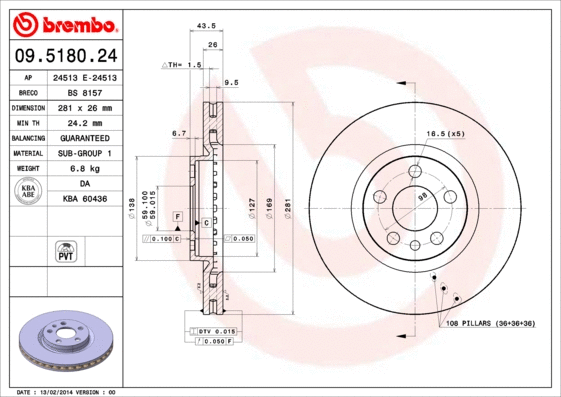 Stabdžių diskas BREMBO 09.5180.24