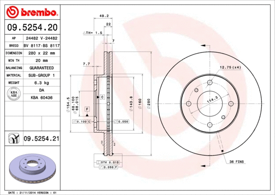 Stabdžių diskas BREMBO 09.5254.21