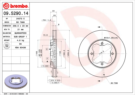 Stabdžių diskas BREMBO 09.5290.14