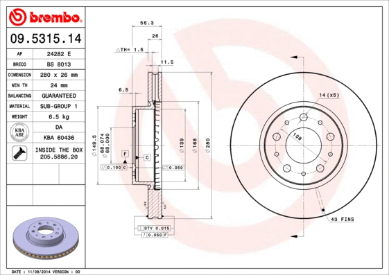 Stabdžių diskas BREMBO 09.5315.14