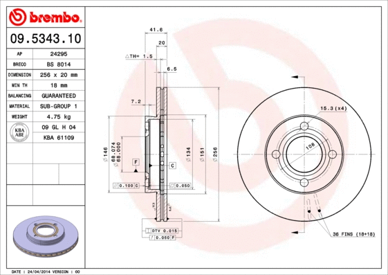 Stabdžių diskas BREMBO 09.5343.10