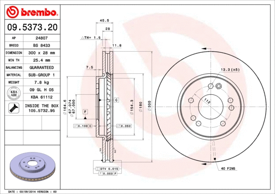 Stabdžių diskas BREMBO 09.5373.20