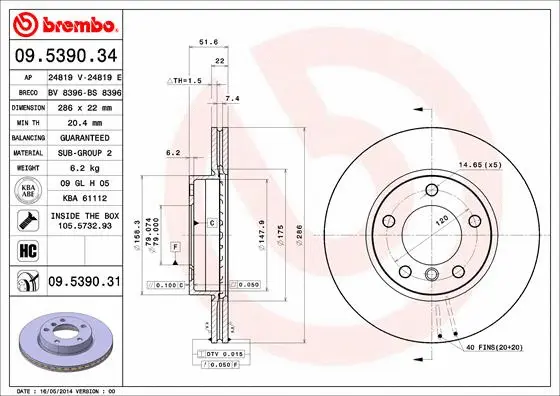 Stabdžių diskas BREMBO 09.5390.31