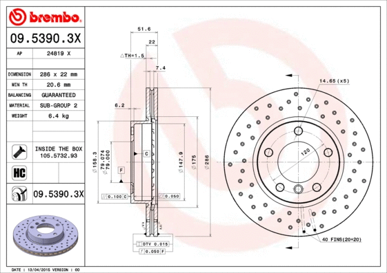 Stabdžių diskas BREMBO 09.5390.3X
