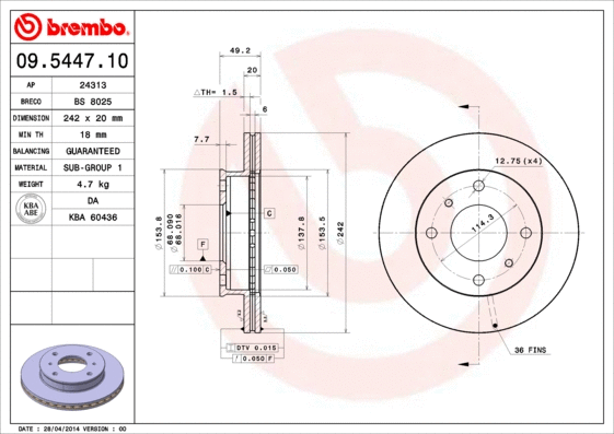Stabdžių diskas BREMBO 09.5447.10