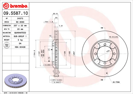 Stabdžių diskas BREMBO 09.5587.10
