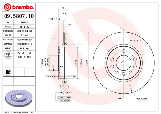 Stabdžių diskas BREMBO 09.5807.10