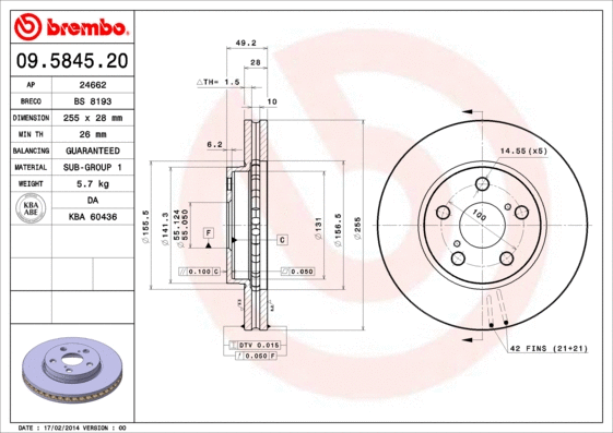 Stabdžių diskas BREMBO 09.5845.20