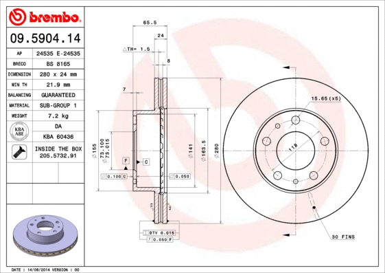 Stabdžių diskas BREMBO 09.5904.14