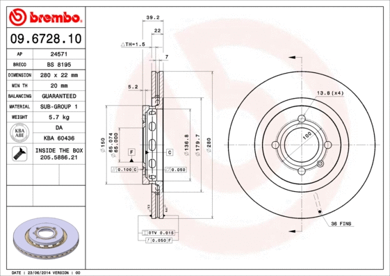 Stabdžių diskas BREMBO 09.6728.10