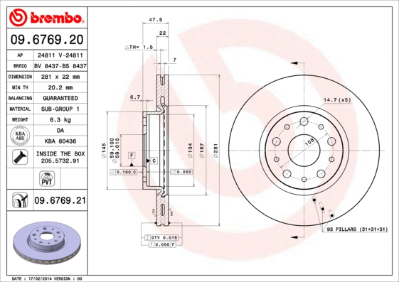 Stabdžių diskas BREMBO 09.6769.21