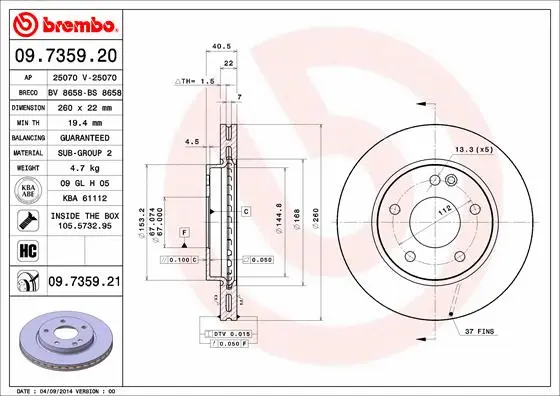 Stabdžių diskas BREMBO 09.7359.21