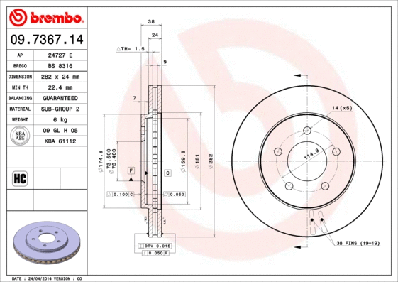 Stabdžių diskas BREMBO 09.7367.14