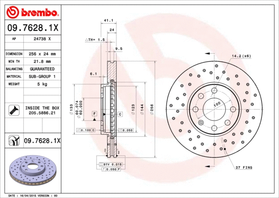 Stabdžių diskas BREMBO 09.7628.1X