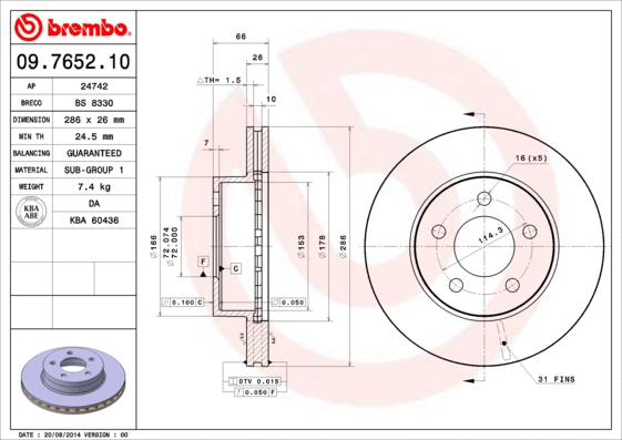Stabdžių diskas BREMBO 09.7652.10