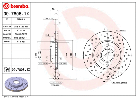 Stabdžių diskas BREMBO 09.7806.1X