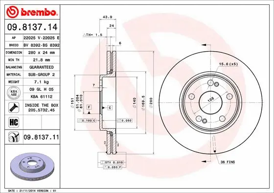 Stabdžių diskas BREMBO 09.8137.11