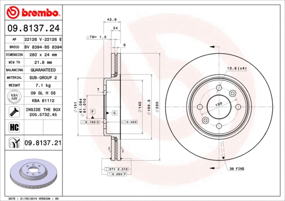Stabdžių diskas BREMBO 09.8137.21