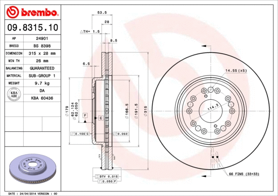 Stabdžių diskas BREMBO 09.8315.10