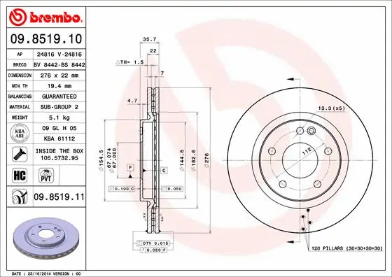 Stabdžių diskas BREMBO 09.8519.11