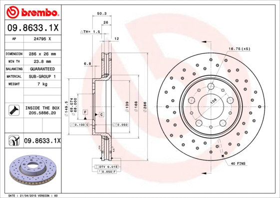 Stabdžių diskas BREMBO 09.8633.1X