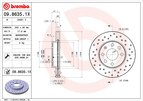 Stabdžių diskas BREMBO 09.8635.1X