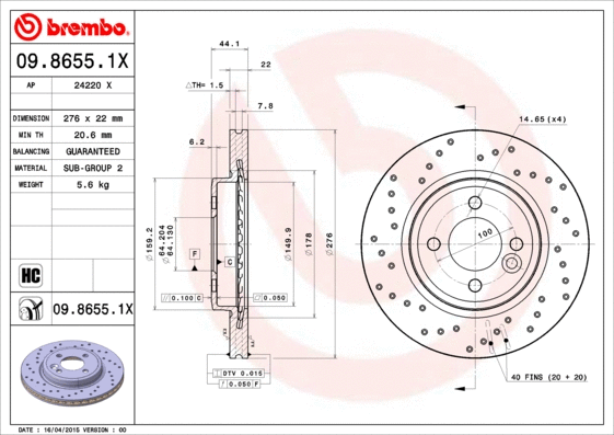 Stabdžių diskas BREMBO 09.8655.1X