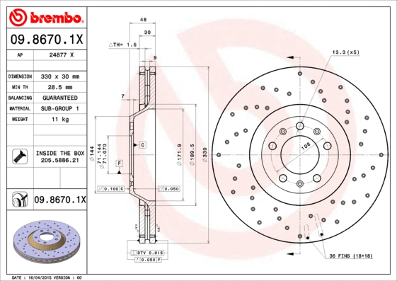 Stabdžių diskas BREMBO 09.8670.1X