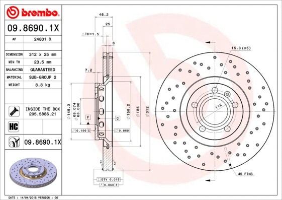 Stabdžių diskas BREMBO 09.8690.1X