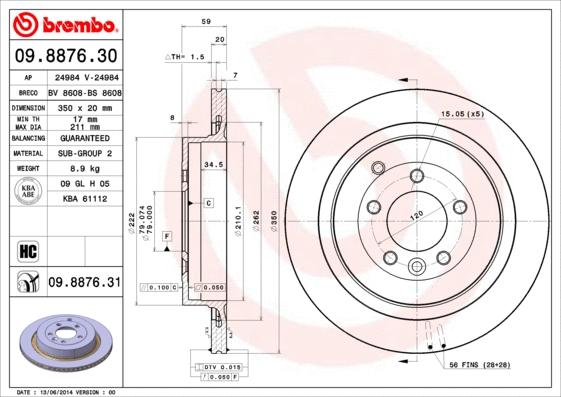 Stabdžių diskas BREMBO 09.8876.31