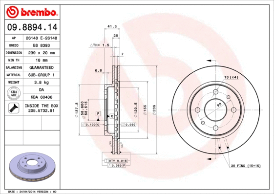 Stabdžių diskas BREMBO 09.8894.14