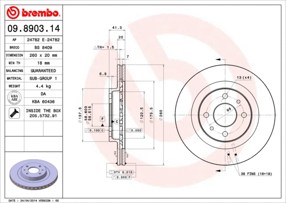 Stabdžių diskas BREMBO 09.8903.14