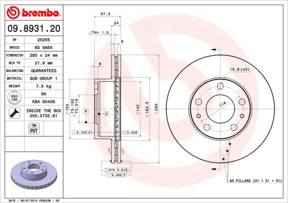 Stabdžių diskas BREMBO 09.8931.21
