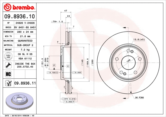 Stabdžių diskas BREMBO 09.8936.11