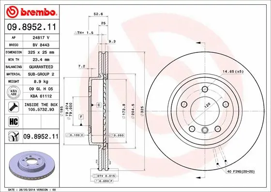 Stabdžių diskas BREMBO 09.8952.11