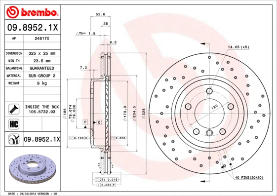 Stabdžių diskas BREMBO 09.8952.1X