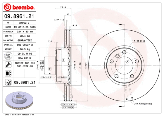 Stabdžių diskas BREMBO 09.8961.21