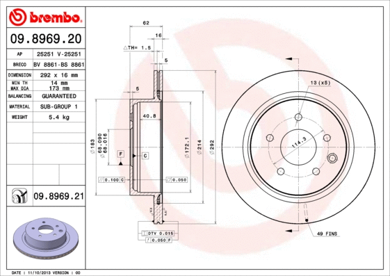 Stabdžių diskas BREMBO 09.8969.21