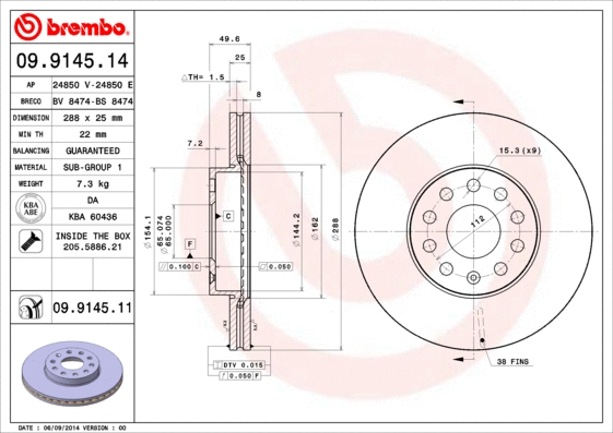 Stabdžių diskas BREMBO 09.9145.11